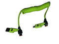 Green 4-in-1 coiled fast charging cable with USB and Type-C input and Lightning and Type-C output on white background